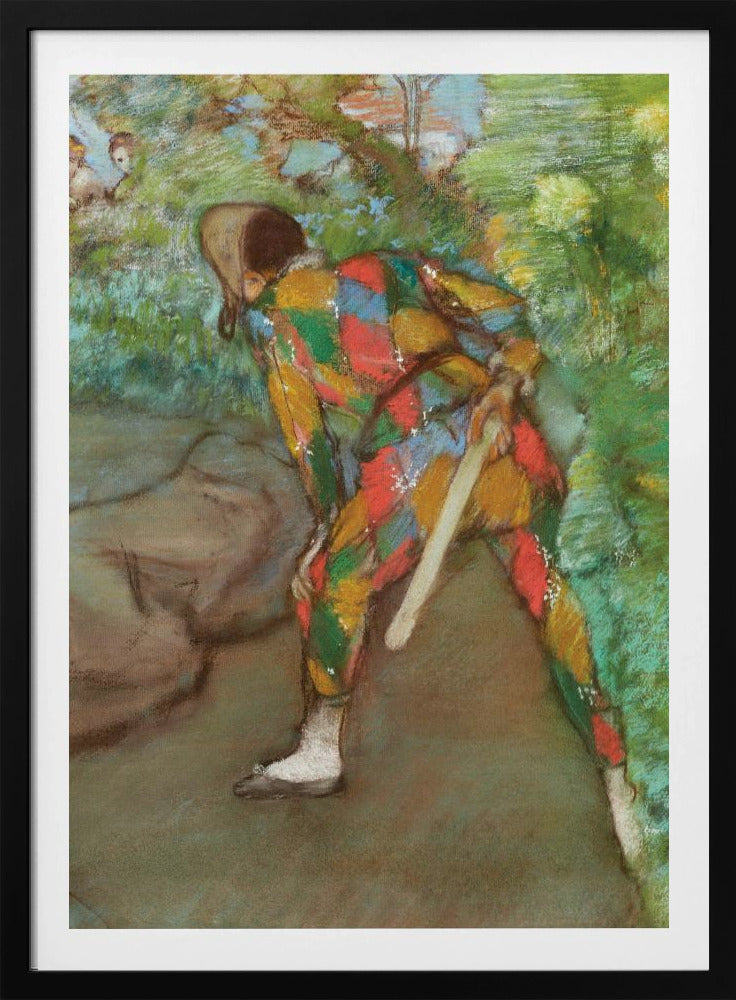 A pastel painting of a person in a colorful harlequin costume, viewed from behind. The figure is bent over in a green, leafy setting, holding a flat wooden paddle. The costume features a vibrant diamond pattern in red, yellow, green, and blue. Wall Art