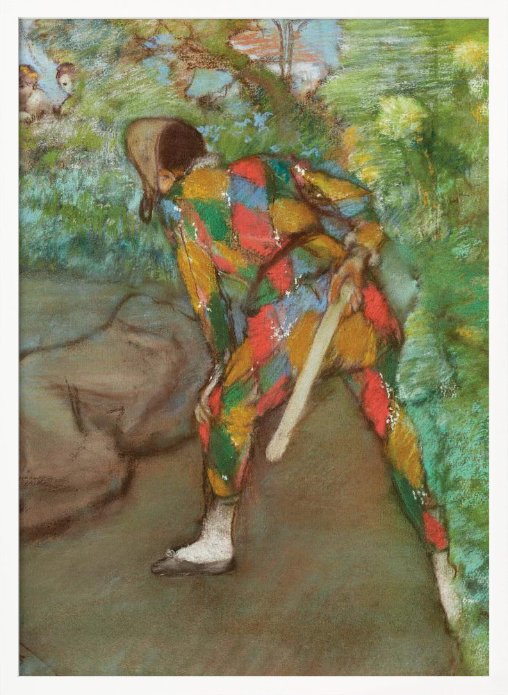 A pastel painting of a person in a colorful harlequin costume, viewed from behind. The figure is bent over in a green, leafy setting, holding a flat wooden paddle. The costume features a vibrant diamond pattern in red, yellow, green, and blue. Wall Art