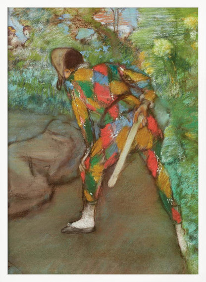 A pastel painting of a person in a colorful harlequin costume, viewed from behind. The figure is bent over in a green, leafy setting, holding a flat wooden paddle. The costume features a vibrant diamond pattern in red, yellow, green, and blue. Wall Art