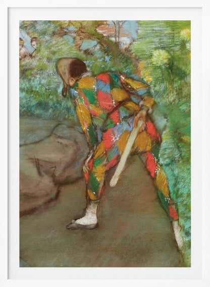 A pastel painting of a person in a colorful harlequin costume, viewed from behind. The figure is bent over in a green, leafy setting, holding a flat wooden paddle. The costume features a vibrant diamond pattern in red, yellow, green, and blue. Wall Art