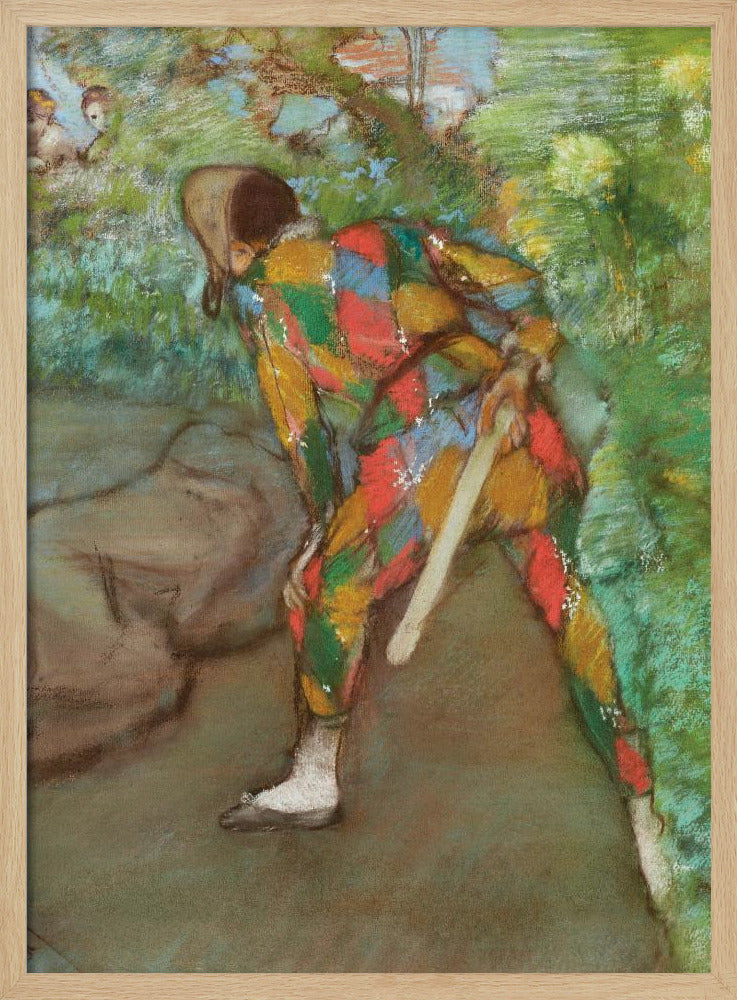 A pastel painting of a person in a colorful harlequin costume, viewed from behind. The figure is bent over in a green, leafy setting, holding a flat wooden paddle. The costume features a vibrant diamond pattern in red, yellow, green, and blue. Wall Art