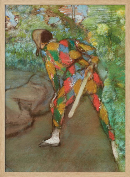 A pastel painting of a person in a colorful harlequin costume, viewed from behind. The figure is bent over in a green, leafy setting, holding a flat wooden paddle. The costume features a vibrant diamond pattern in red, yellow, green, and blue. Wall Art