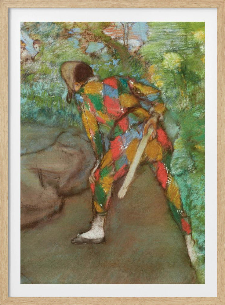 A pastel painting of a person in a colorful harlequin costume, viewed from behind. The figure is bent over in a green, leafy setting, holding a flat wooden paddle. The costume features a vibrant diamond pattern in red, yellow, green, and blue. Wall Art