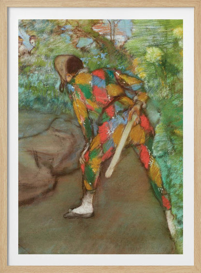 A pastel painting of a person in a colorful harlequin costume, viewed from behind. The figure is bent over in a green, leafy setting, holding a flat wooden paddle. The costume features a vibrant diamond pattern in red, yellow, green, and blue. Wall Art