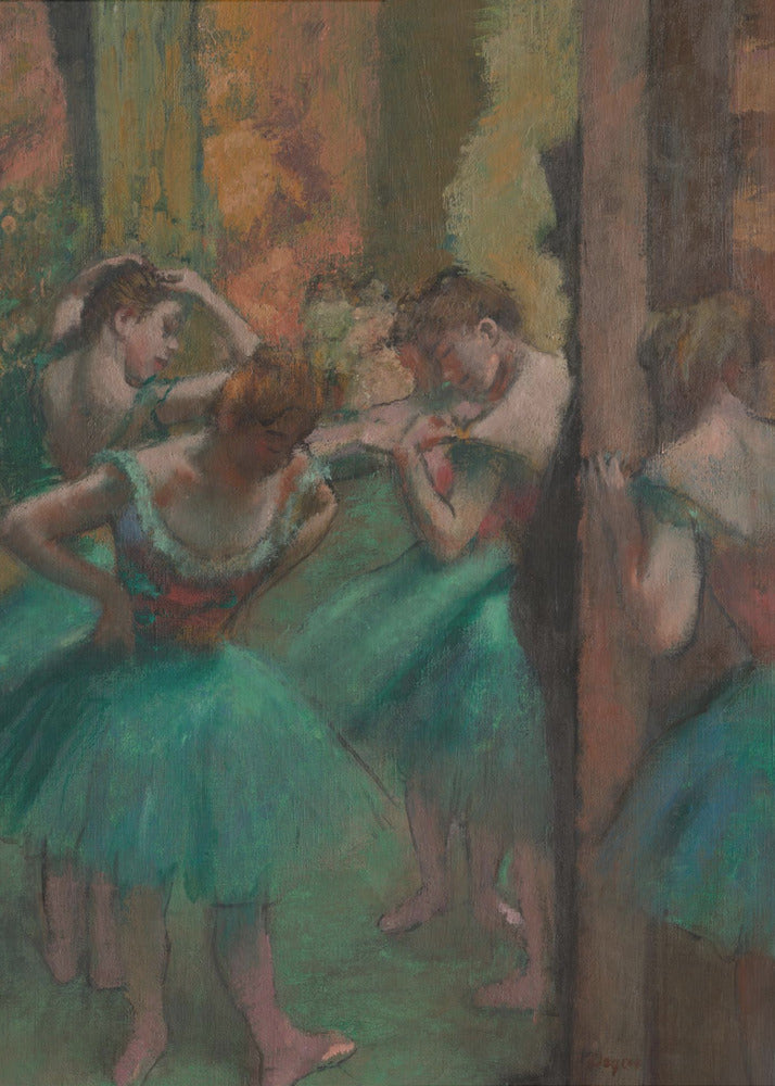 An impressionistic painting of several ballet dancers in vibrant green tutus backstage. The dancers are captured in candid moments, adjusting their costumes and hair against a warm, earthy background of brown and orange tones. Poster