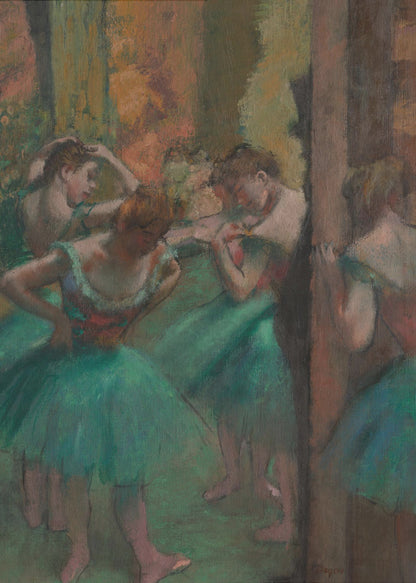 An impressionistic painting of several ballet dancers in vibrant green tutus backstage. The dancers are captured in candid moments, adjusting their costumes and hair against a warm, earthy background of brown and orange tones. Poster