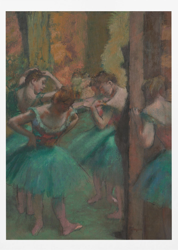 An impressionistic painting of several ballet dancers in vibrant green tutus backstage. The dancers are captured in candid moments, adjusting their costumes and hair against a warm, earthy background of brown and orange tones. Poster