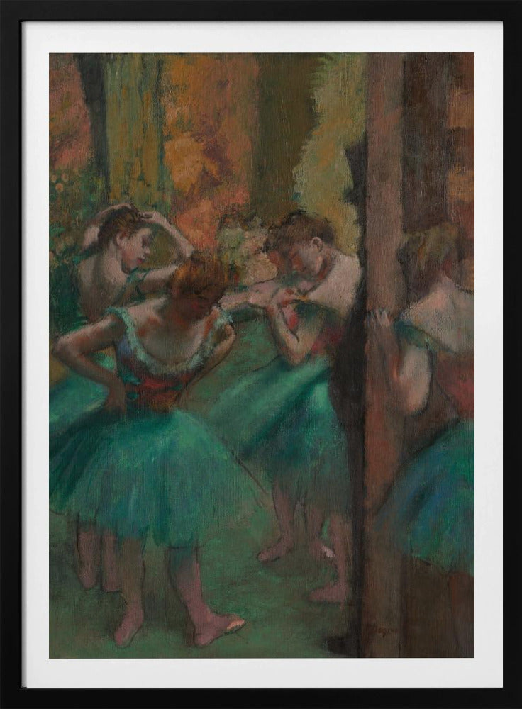 An impressionistic painting of several ballet dancers in vibrant green tutus backstage. The dancers are captured in candid moments, adjusting their costumes and hair against a warm, earthy background of brown and orange tones. Poster