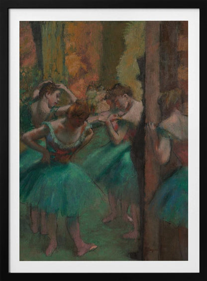 An impressionistic painting of several ballet dancers in vibrant green tutus backstage. The dancers are captured in candid moments, adjusting their costumes and hair against a warm, earthy background of brown and orange tones. Poster