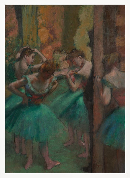 An impressionistic painting of several ballet dancers in vibrant green tutus backstage. The dancers are captured in candid moments, adjusting their costumes and hair against a warm, earthy background of brown and orange tones. Poster