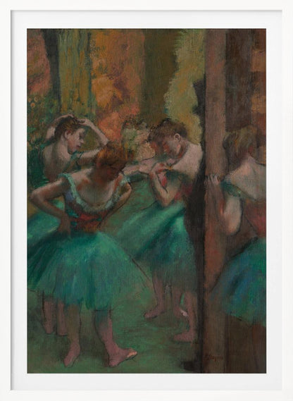An impressionistic painting of several ballet dancers in vibrant green tutus backstage. The dancers are captured in candid moments, adjusting their costumes and hair against a warm, earthy background of brown and orange tones. Poster