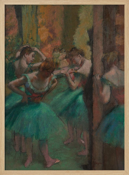 An impressionistic painting of several ballet dancers in vibrant green tutus backstage. The dancers are captured in candid moments, adjusting their costumes and hair against a warm, earthy background of brown and orange tones. Poster