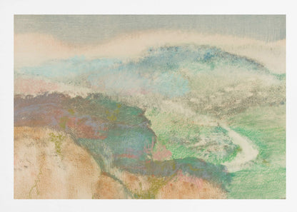 An abstract landscape painting in a silver frame, featuring soft, blended colors. Muted green and blue hills recede into a hazy, pale sky, while a winding white path cuts through a valley. The overall texture is soft and dreamlike. Decor