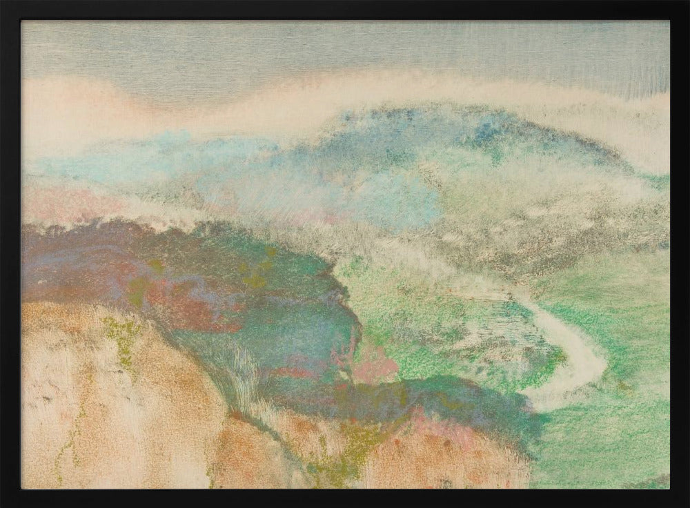 An abstract landscape painting in a silver frame, featuring soft, blended colors. Muted green and blue hills recede into a hazy, pale sky, while a winding white path cuts through a valley. The overall texture is soft and dreamlike. Decor