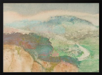 An abstract landscape painting in a silver frame, featuring soft, blended colors. Muted green and blue hills recede into a hazy, pale sky, while a winding white path cuts through a valley. The overall texture is soft and dreamlike. Decor