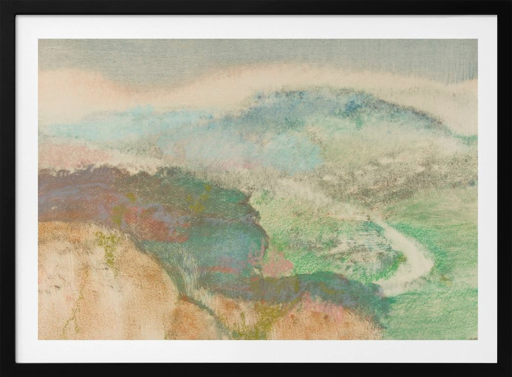 An abstract landscape painting in a silver frame, featuring soft, blended colors. Muted green and blue hills recede into a hazy, pale sky, while a winding white path cuts through a valley. The overall texture is soft and dreamlike. Decor