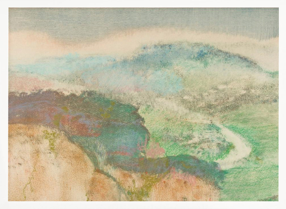 An abstract landscape painting in a silver frame, featuring soft, blended colors. Muted green and blue hills recede into a hazy, pale sky, while a winding white path cuts through a valley. The overall texture is soft and dreamlike. Decor