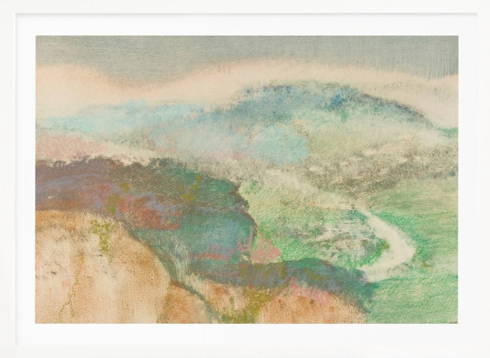 An abstract landscape painting in a silver frame, featuring soft, blended colors. Muted green and blue hills recede into a hazy, pale sky, while a winding white path cuts through a valley. The overall texture is soft and dreamlike. Decor