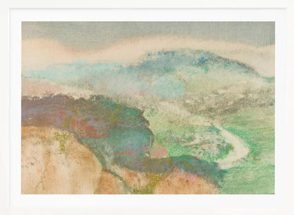 An abstract landscape painting in a silver frame, featuring soft, blended colors. Muted green and blue hills recede into a hazy, pale sky, while a winding white path cuts through a valley. The overall texture is soft and dreamlike. Decor