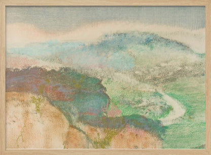 An abstract landscape painting in a silver frame, featuring soft, blended colors. Muted green and blue hills recede into a hazy, pale sky, while a winding white path cuts through a valley. The overall texture is soft and dreamlike. Decor