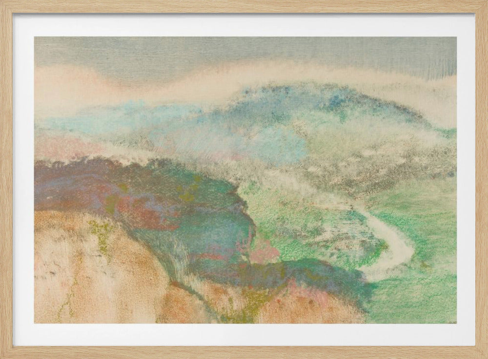 An abstract landscape painting in a silver frame, featuring soft, blended colors. Muted green and blue hills recede into a hazy, pale sky, while a winding white path cuts through a valley. The overall texture is soft and dreamlike. Decor