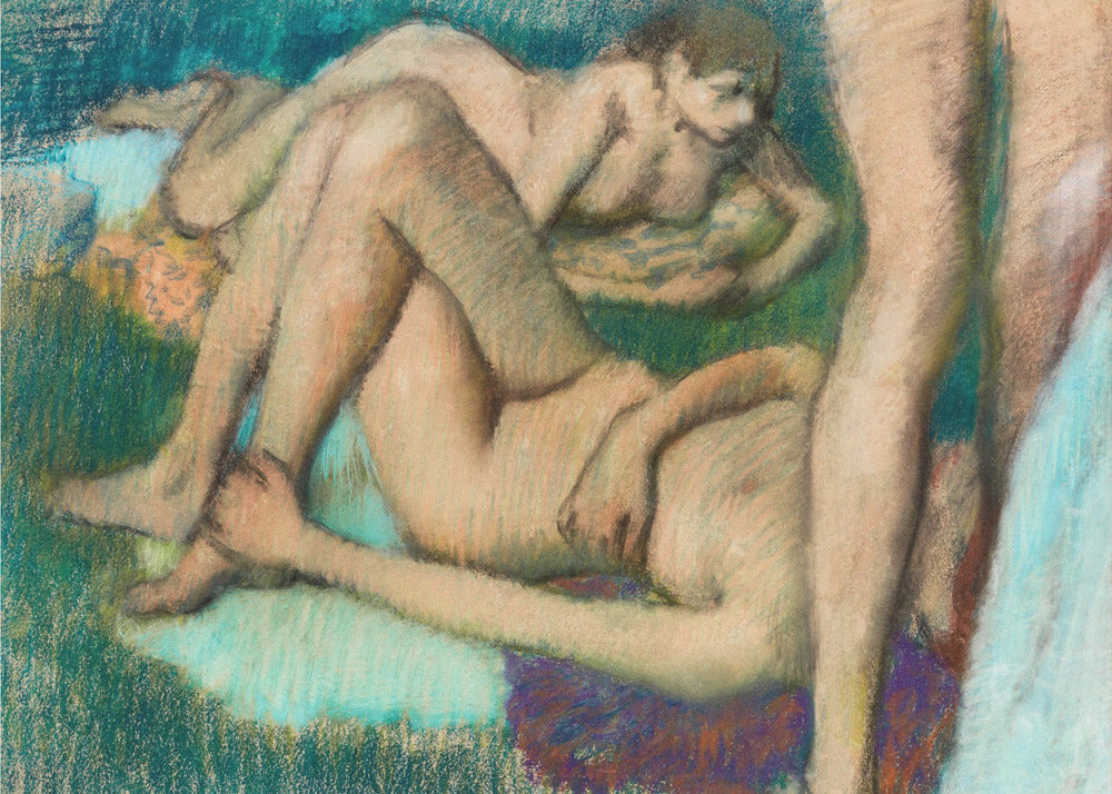 An impressionistic pastel drawing by Edgar Degas depicting several nude female figures in various lounging poses. The figures are set against a richly textured background of deep green and teal, with visible energetic pastel strokes defining their forms and the surrounding space. Decor