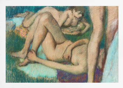 An impressionistic pastel drawing by Edgar Degas depicting several nude female figures in various lounging poses. The figures are set against a richly textured background of deep green and teal, with visible energetic pastel strokes defining their forms and the surrounding space. Decor