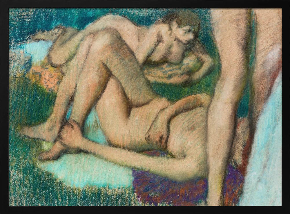 An impressionistic pastel drawing by Edgar Degas depicting several nude female figures in various lounging poses. The figures are set against a richly textured background of deep green and teal, with visible energetic pastel strokes defining their forms and the surrounding space. Decor