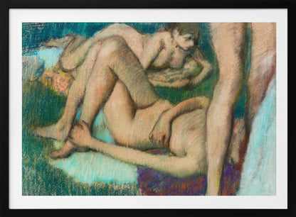 An impressionistic pastel drawing by Edgar Degas depicting several nude female figures in various lounging poses. The figures are set against a richly textured background of deep green and teal, with visible energetic pastel strokes defining their forms and the surrounding space. Decor