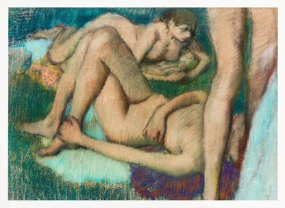 An impressionistic pastel drawing by Edgar Degas depicting several nude female figures in various lounging poses. The figures are set against a richly textured background of deep green and teal, with visible energetic pastel strokes defining their forms and the surrounding space. Decor