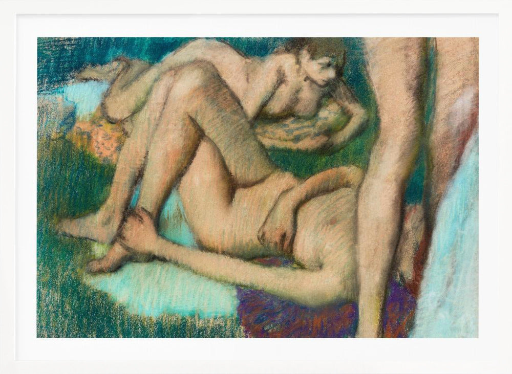 An impressionistic pastel drawing by Edgar Degas depicting several nude female figures in various lounging poses. The figures are set against a richly textured background of deep green and teal, with visible energetic pastel strokes defining their forms and the surrounding space. Decor