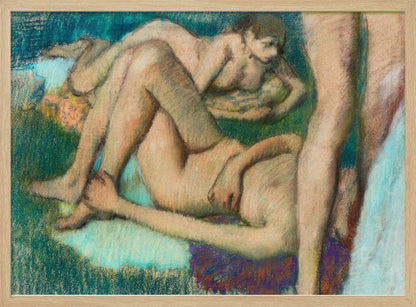 An impressionistic pastel drawing by Edgar Degas depicting several nude female figures in various lounging poses. The figures are set against a richly textured background of deep green and teal, with visible energetic pastel strokes defining their forms and the surrounding space. Decor