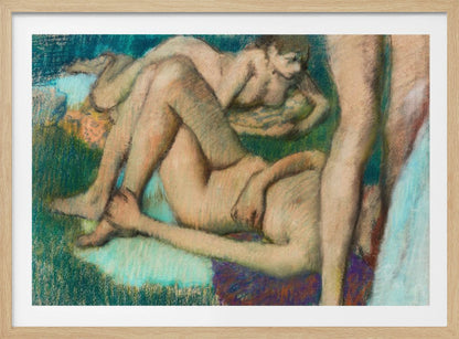 An impressionistic pastel drawing by Edgar Degas depicting several nude female figures in various lounging poses. The figures are set against a richly textured background of deep green and teal, with visible energetic pastel strokes defining their forms and the surrounding space. Decor