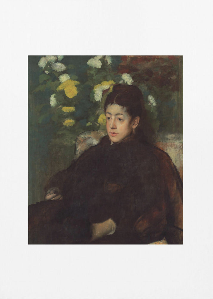 A framed impressionist portrait painting by Edgar Degas of a young woman with dark hair pulled back, wearing a voluminous dark dress. She sits in a chair with a pensive look, set against a background of yellow and white chrysanthemums and dark green foliage. Decor