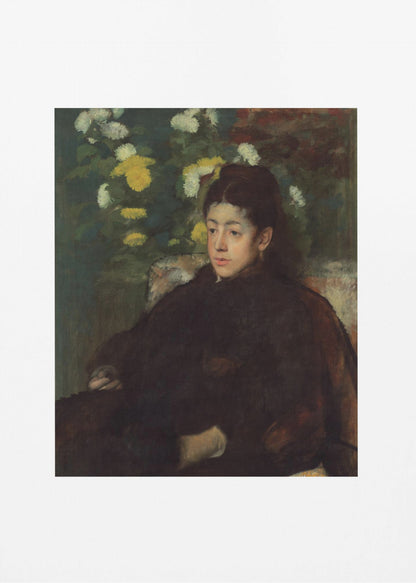 A framed impressionist portrait painting by Edgar Degas of a young woman with dark hair pulled back, wearing a voluminous dark dress. She sits in a chair with a pensive look, set against a background of yellow and white chrysanthemums and dark green foliage. Decor