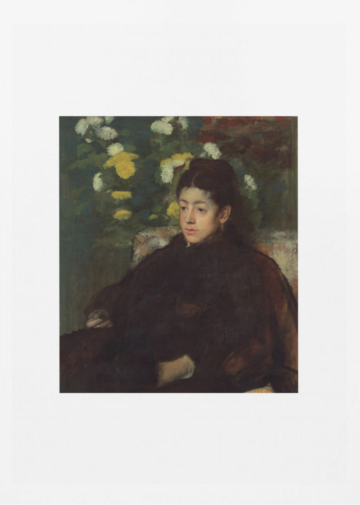 A framed impressionist portrait painting by Edgar Degas of a young woman with dark hair pulled back, wearing a voluminous dark dress. She sits in a chair with a pensive look, set against a background of yellow and white chrysanthemums and dark green foliage. Decor