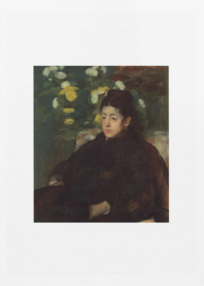 A framed impressionist portrait painting by Edgar Degas of a young woman with dark hair pulled back, wearing a voluminous dark dress. She sits in a chair with a pensive look, set against a background of yellow and white chrysanthemums and dark green foliage. Decor