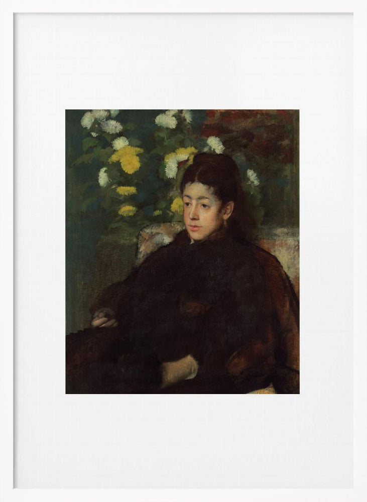A framed impressionist portrait painting by Edgar Degas of a young woman with dark hair pulled back, wearing a voluminous dark dress. She sits in a chair with a pensive look, set against a background of yellow and white chrysanthemums and dark green foliage. Decor