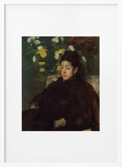 A framed impressionist portrait painting by Edgar Degas of a young woman with dark hair pulled back, wearing a voluminous dark dress. She sits in a chair with a pensive look, set against a background of yellow and white chrysanthemums and dark green foliage. Decor