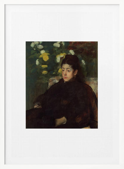 A framed impressionist portrait painting by Edgar Degas of a young woman with dark hair pulled back, wearing a voluminous dark dress. She sits in a chair with a pensive look, set against a background of yellow and white chrysanthemums and dark green foliage. Decor