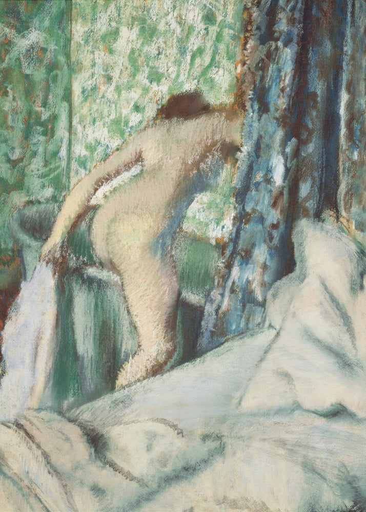 An impressionistic painting by Edgar Degas titled 'After the Bath, Woman Drying Herself'. It depicts the back of a nude woman leaning over a washbasin, with a towel in hand. The background is a vibrant green patterned wallpaper, with a blue curtain to the right and crumpled white sheets in the foreground. The style is soft and textured, characteristic of pastel work. Print