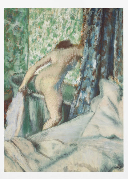 An impressionistic painting by Edgar Degas titled 'After the Bath, Woman Drying Herself'. It depicts the back of a nude woman leaning over a washbasin, with a towel in hand. The background is a vibrant green patterned wallpaper, with a blue curtain to the right and crumpled white sheets in the foreground. The style is soft and textured, characteristic of pastel work. Print