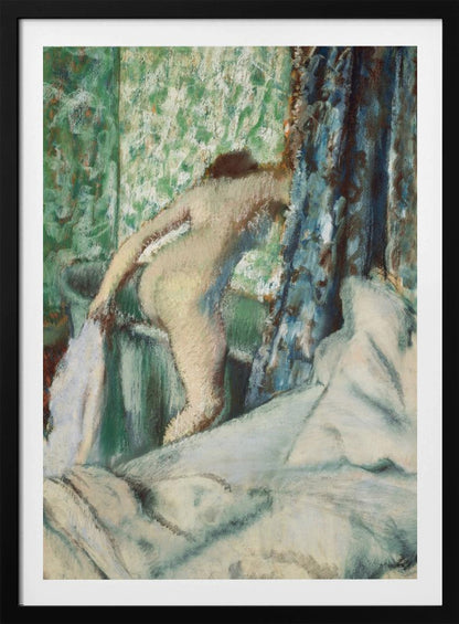 An impressionistic painting by Edgar Degas titled 'After the Bath, Woman Drying Herself'. It depicts the back of a nude woman leaning over a washbasin, with a towel in hand. The background is a vibrant green patterned wallpaper, with a blue curtain to the right and crumpled white sheets in the foreground. The style is soft and textured, characteristic of pastel work. Print
