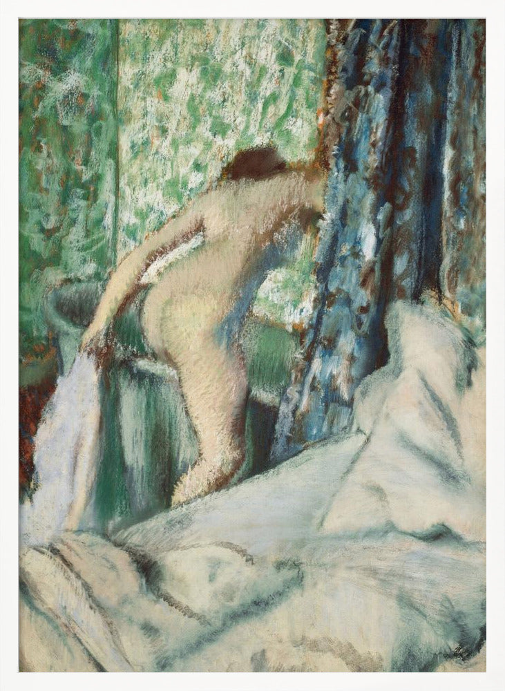 An impressionistic painting by Edgar Degas titled 'After the Bath, Woman Drying Herself'. It depicts the back of a nude woman leaning over a washbasin, with a towel in hand. The background is a vibrant green patterned wallpaper, with a blue curtain to the right and crumpled white sheets in the foreground. The style is soft and textured, characteristic of pastel work. Print
