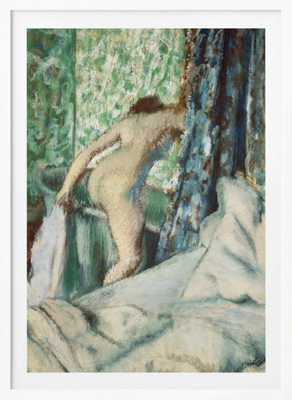 An impressionistic painting by Edgar Degas titled 'After the Bath, Woman Drying Herself'. It depicts the back of a nude woman leaning over a washbasin, with a towel in hand. The background is a vibrant green patterned wallpaper, with a blue curtain to the right and crumpled white sheets in the foreground. The style is soft and textured, characteristic of pastel work. Print