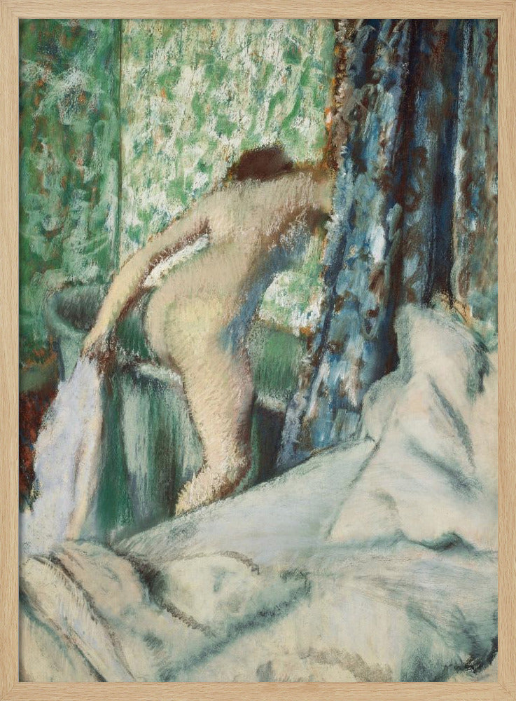 An impressionistic painting by Edgar Degas titled 'After the Bath, Woman Drying Herself'. It depicts the back of a nude woman leaning over a washbasin, with a towel in hand. The background is a vibrant green patterned wallpaper, with a blue curtain to the right and crumpled white sheets in the foreground. The style is soft and textured, characteristic of pastel work. Print