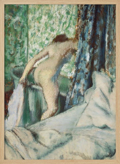 An impressionistic painting by Edgar Degas titled 'After the Bath, Woman Drying Herself'. It depicts the back of a nude woman leaning over a washbasin, with a towel in hand. The background is a vibrant green patterned wallpaper, with a blue curtain to the right and crumpled white sheets in the foreground. The style is soft and textured, characteristic of pastel work. Print