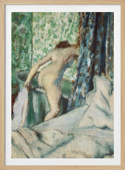 An impressionistic painting by Edgar Degas titled 'After the Bath, Woman Drying Herself'. It depicts the back of a nude woman leaning over a washbasin, with a towel in hand. The background is a vibrant green patterned wallpaper, with a blue curtain to the right and crumpled white sheets in the foreground. The style is soft and textured, characteristic of pastel work. Print