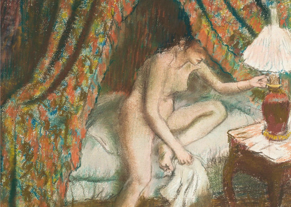 An Impressionist pastel painting of a nude woman sitting on the edge of a bed. She is reaching to turn on a bedside lamp. The background features a heavily patterned, colorful curtain, and the entire scene is rendered with soft, textured strokes and framed in silver. Poster
