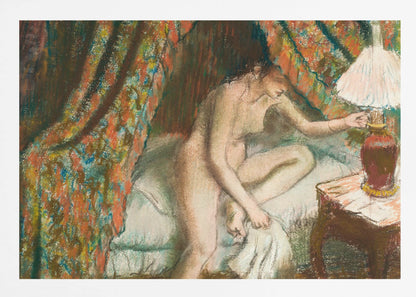 An Impressionist pastel painting of a nude woman sitting on the edge of a bed. She is reaching to turn on a bedside lamp. The background features a heavily patterned, colorful curtain, and the entire scene is rendered with soft, textured strokes and framed in silver. Poster
